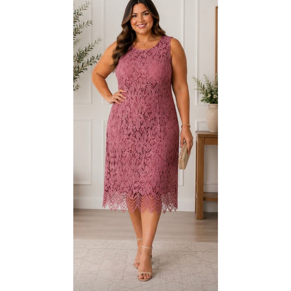 Sharagano 16W Dusty Mauve Lace Sheath Dress Plus Size Scalloped Hem